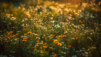 Bright yellow daisies blossom in a tranquil meadow at sunrise generated by AI