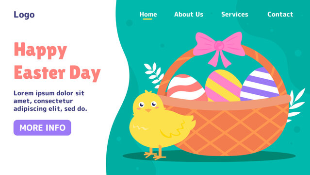 Happy Easter Day poster. Chicken near basket with colorful eggs. Traditional spring holiday and festival. Religion and believe, faith. Landing page design. Cartoon flat vector illustration