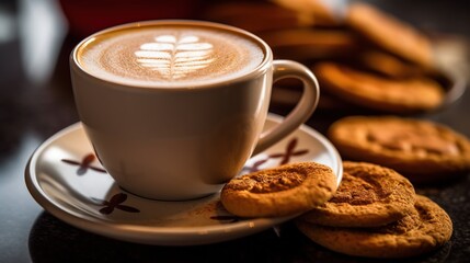 Cup of coffee with cookies on wooden table in coffee shop