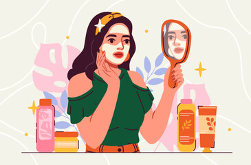 Health and beauty procedures concept. Woman apply face mask between mirror. Skin care. Young girl with cosmetics products. Lotions and creams, moisturizer. Cartoon flat vector illustration