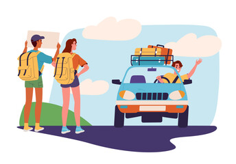 Hitchhikers and car concept. Man and woman with yellow backpacks stands at road and try to stop automobile. Travelers and tourists. Travel and trip, vacation. Cartoon flat vector illustration