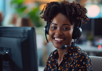 Afro american customer support representative. Tech support woman. Call center representative.