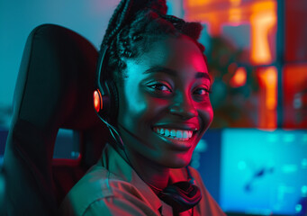 Afro american customer support representative. Tech support woman. Call center representative.