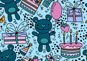Cartoon animals seamless birthday party with bears and balloons and cake and gift box pattern for wrapping