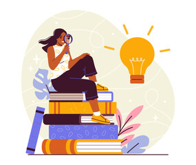 Woman sit at stack of books. Young girl with textbooks. Student doing homework. Education, learning and training. Love for reading and literature. Cartoon flat vector illustration