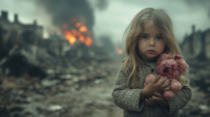 Pink teddy bear and dirt-covered child amidst war's fiery devastation, symbolizing lost innocence and freedom, with banner copyspace.