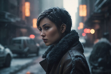 Fototapeta premium Lucha contra el Frío: Mujer Joven Laboriosa en la Nevisca Implacable