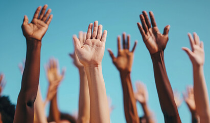 Multi ethnic, multi racial group of hands raised up. Diversity concept. - obrazy, fototapety, plakaty
