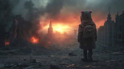 Child in a bear hat solemnly observes the apocalyptic aftermath of a city on fire, embodying the contrast between youth and war.
