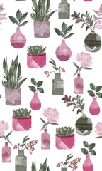 Pink valentine floral set with plants and pot background pattern