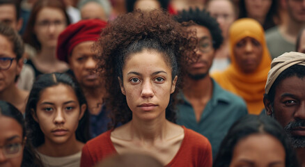 Multi ethnic large group of people looking at camera.