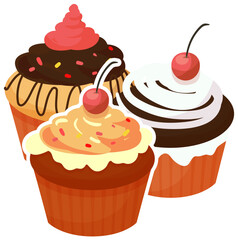 Three assorted cupcakes with cherries on top. Delicious bakery sweets with frosting and sprinkles vector illustration.