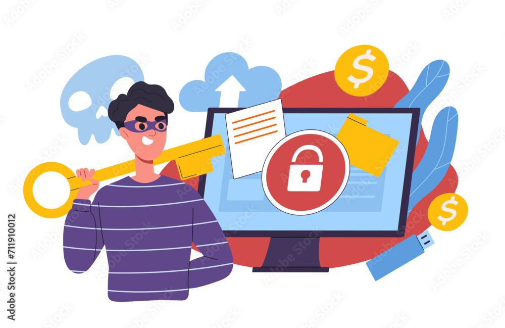 Poster man steals information concept. young guy in mas with golden key stands near computer monitor. hacke