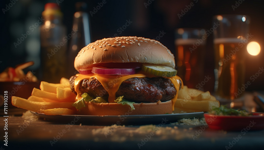 Canvas Prints gourmet burger, grilled meat, fresh tomato, unhealthy fast food generated by ai