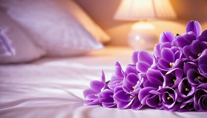 purple crocus flowers , Dreamy Purple Petals and Soft Lights Bedroom Romance for valentine day created with generative ai	 - obrazy, fototapety, plakaty