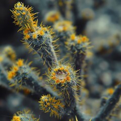 Obraz premium Close up of cactus with yellow flowers. Selective focus.