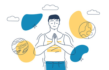 Man with meditation concept. Inner peace and calmness. Young guy in asana and lotus position. Yoga and sport, active lifestyle. Linear flat vector illustration isolated on white background
