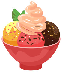 Bowl of assorted ice cream scoops. Dessert illustration with different flavors and toppings. Sweet food concept vector illustration.