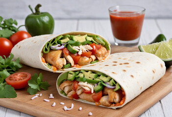 Delicious Homemade Chicken Burritos with Fresh Veggies, Lime, and Zesty Salsa