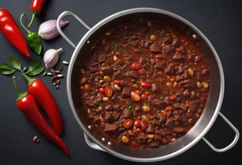 Foto auf Acrylglas Scharfe Chili-pfeffer chili con carne in a stainless pot