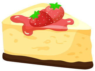 Slice of cheesecake with strawberries and dripping sauce. Delicious dessert with fruit topping vector illustration.