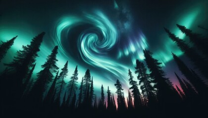 Mystical Northern Lights Over Pine Forest, Fantasy Night Sky