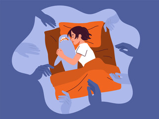 Girl with nightmare concept. Woman with silhouettes of hands. Fear and horror. Mental issues and psychological problems. Cartoon flat vector illustration isolated on blue background