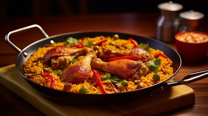 A close-up of a Chicken Paella served in an elegant dish, with the focus on the intricate details of the individual components