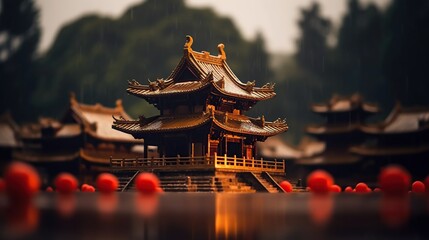 Chinese temple in the rain. Traditional Chinese architecture. Selective focus - obrazy, fototapety, plakaty