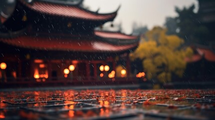 Chinese temple in the rain. Traditional Chinese architecture. Selective focus - obrazy, fototapety, plakaty