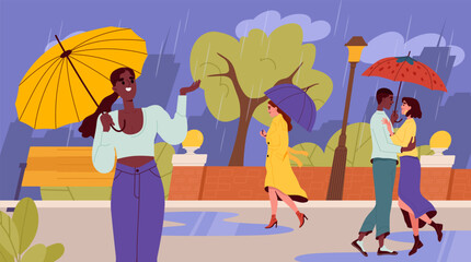 People in rain. Men and women with yellow umbrellas walk outdoor. Autumn and fall season. Young guys and girls walk in city park in wet and windy weather. Cartoon flat vector illustration