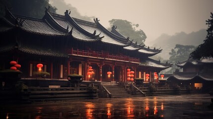 Chinese temple in the rain. Traditional Chinese architecture. Selective focus