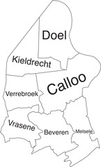 White flat vector administrative map of BEVEREN, BELGIUM with name tags and black border lines of its municipalities