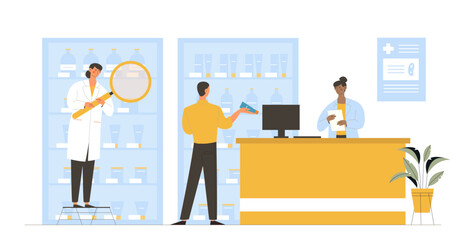 People in pharmacy concept. Women in medical coat with buyer. Team of pharmacist give drugs and medicines for man with prescription. Health care and treatment. Cartoon flat vector illustration