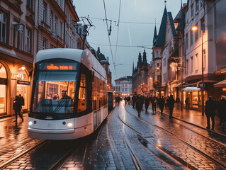 A Photo of People Boarding a Tram in a Historic City Center - obrazy, fototapety, plakaty