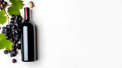 Bottle of red wine with ripe grapes and vine leaves on white background. Copy space, top view. - obrazy, fototapety, plakaty