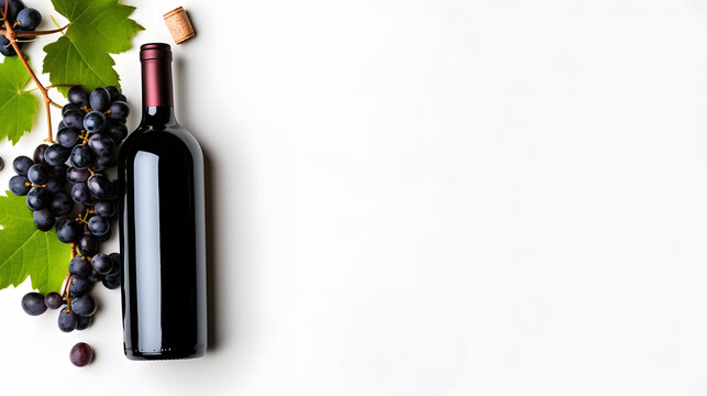 Bottle of red wine with ripe grapes and vine leaves on white background. Copy space, top view.