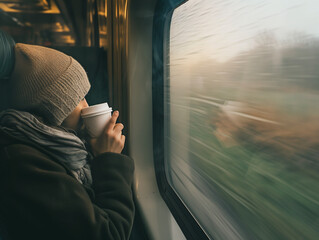 A Photo of a Person Sipping Coffee and Looking Out the Window of a High-Speed Train