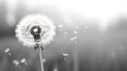 dandelion flower close up. black and white. Grief and loss concept