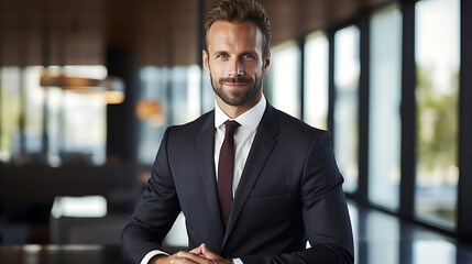 Fototapeta premium A handsome mature businessman is in an office with a beard and well-groomed hair. Created with Generative AI.