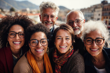 Generative AI image of a diverse group of joyful adults posing for a selfie with a scenic city background