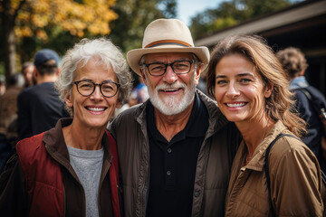 Generative AI image of an older woman with glasses and a young woman smiling at the camera in a park setting, with an elderly man in a hat in the middle