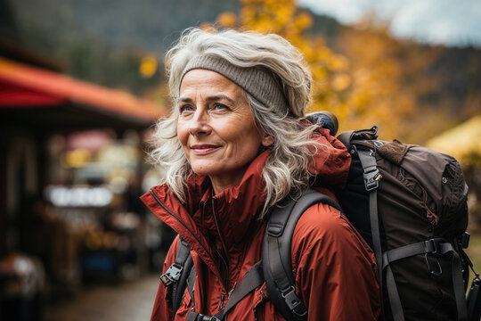 Generative AI image of an adventurous senior woman with a backpack looking thoughtfully into the distance in a rustic autumn setting