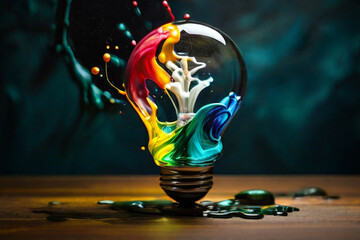 liquid paint merging into a colorful lightbulb.