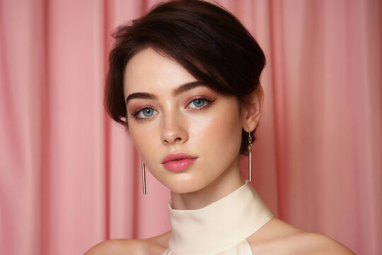 Generative AI illustration of poised woman with blue eyes and sleek hair against a pink curtain backdrop wearing a high neck dress and drop earrings