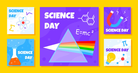 Science day posters set. Experiments in laboratory. Magnet and rainbow in glasses. Flask with reagent, lightbulb and atom structure. Cartoon flat vector collection isolated on yellow background