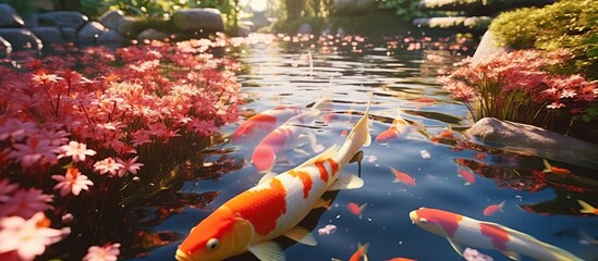 Koi fish swimming in the pond in the garden. High quality photo