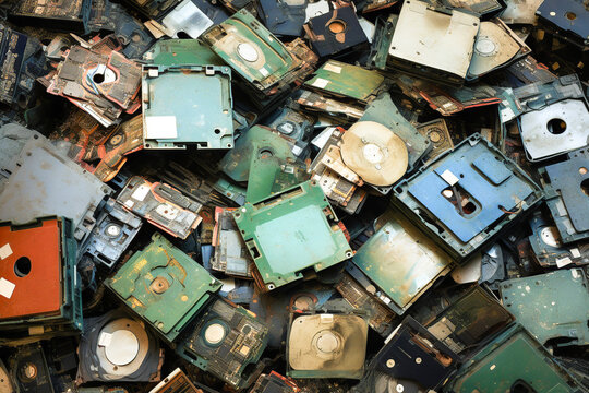Pile of obsolete computer hard drives for recycling Generative AI image
