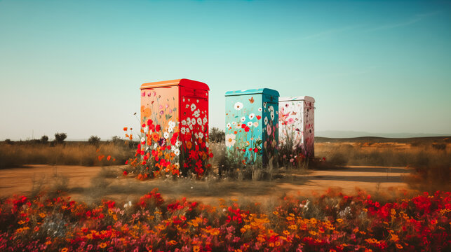 Generative AI illustration of three vibrantly painted utility boxes amidst a field of wildflowers with a clear blue sky in the background