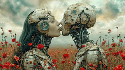 A kiss between two robots in such a field. - obrazy, fototapety, plakaty
